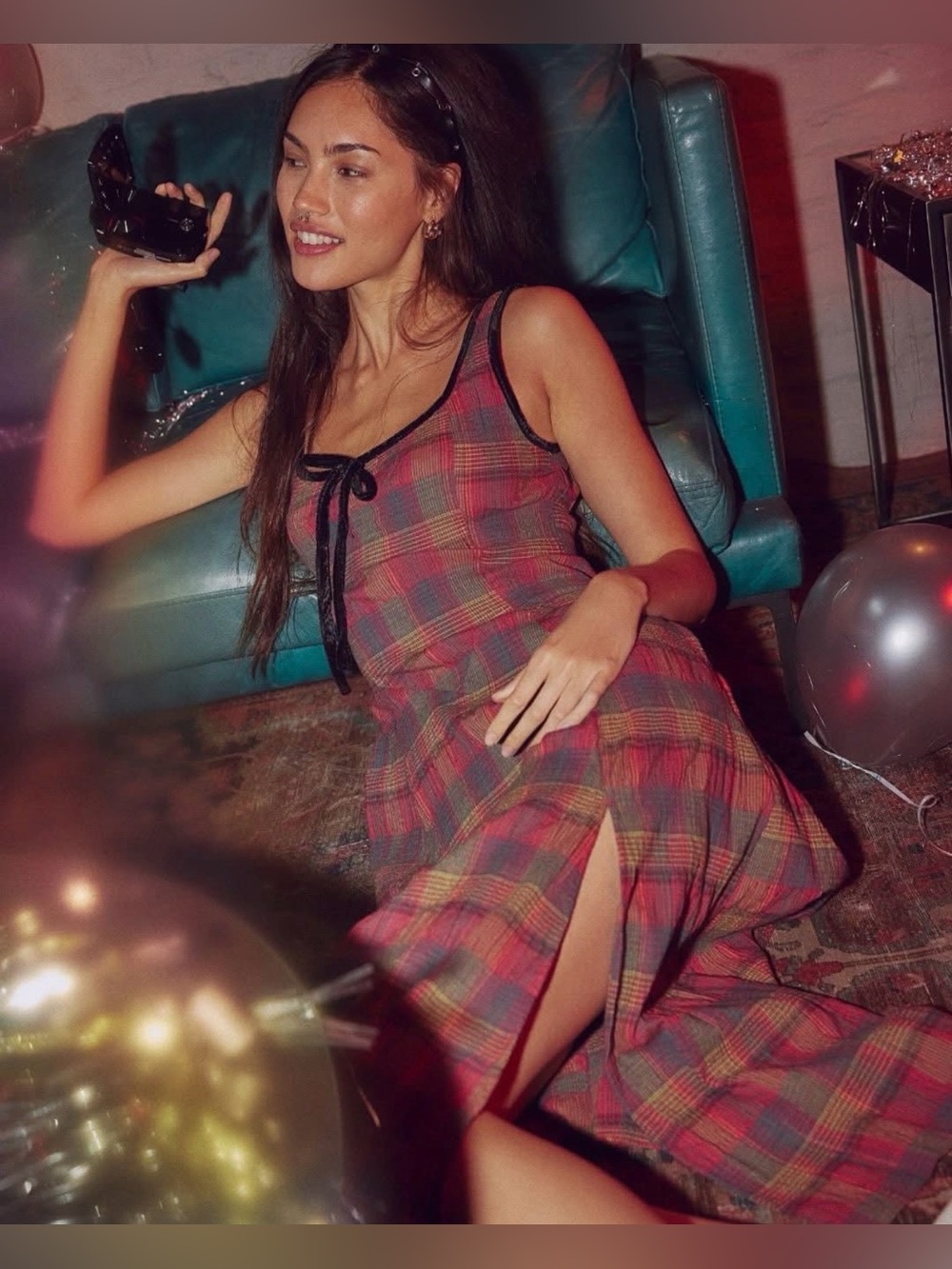Free People Freya Strappy Plaid Midi Dress Cherry Medium NWT - Picture 6 of 16